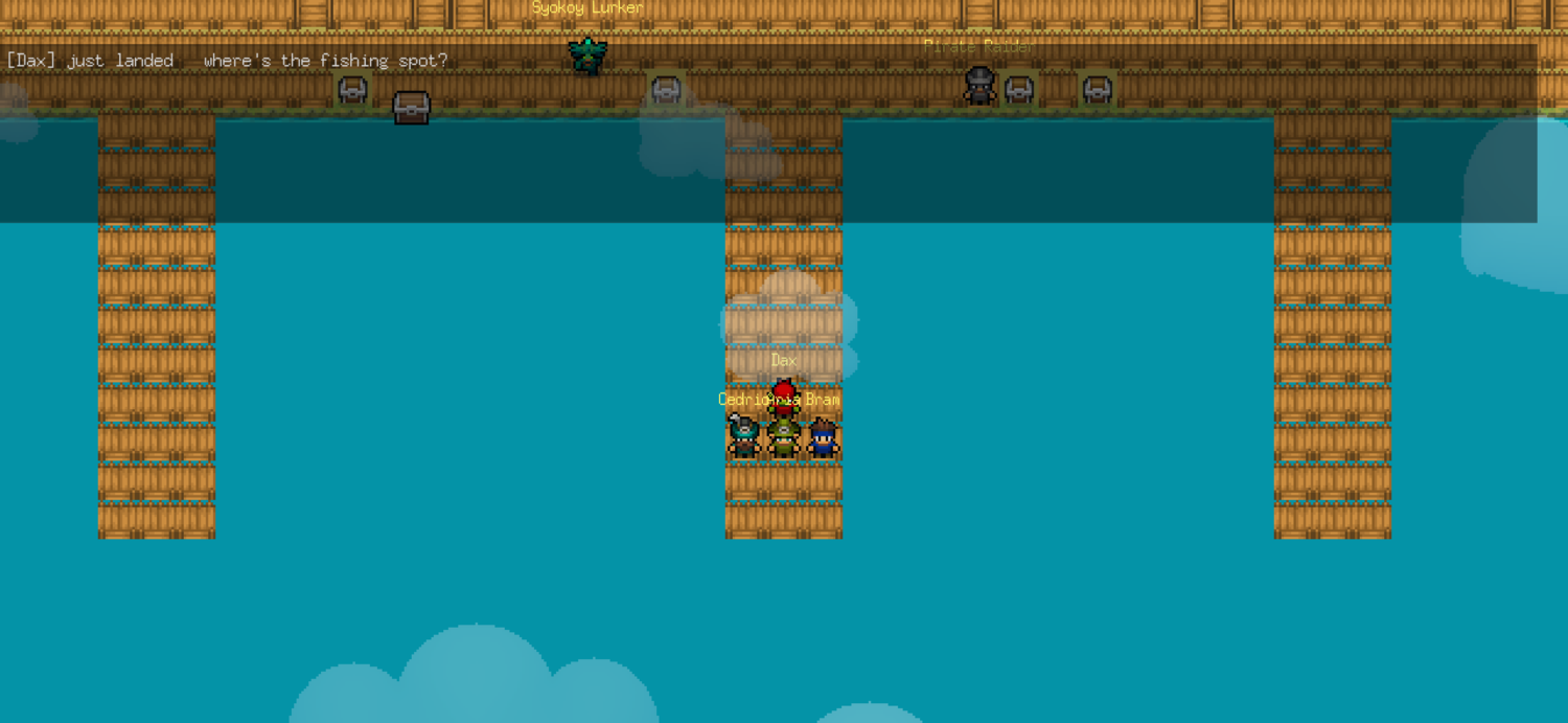 Players gathered on the LoreWorld harbour pier, chatting in-game