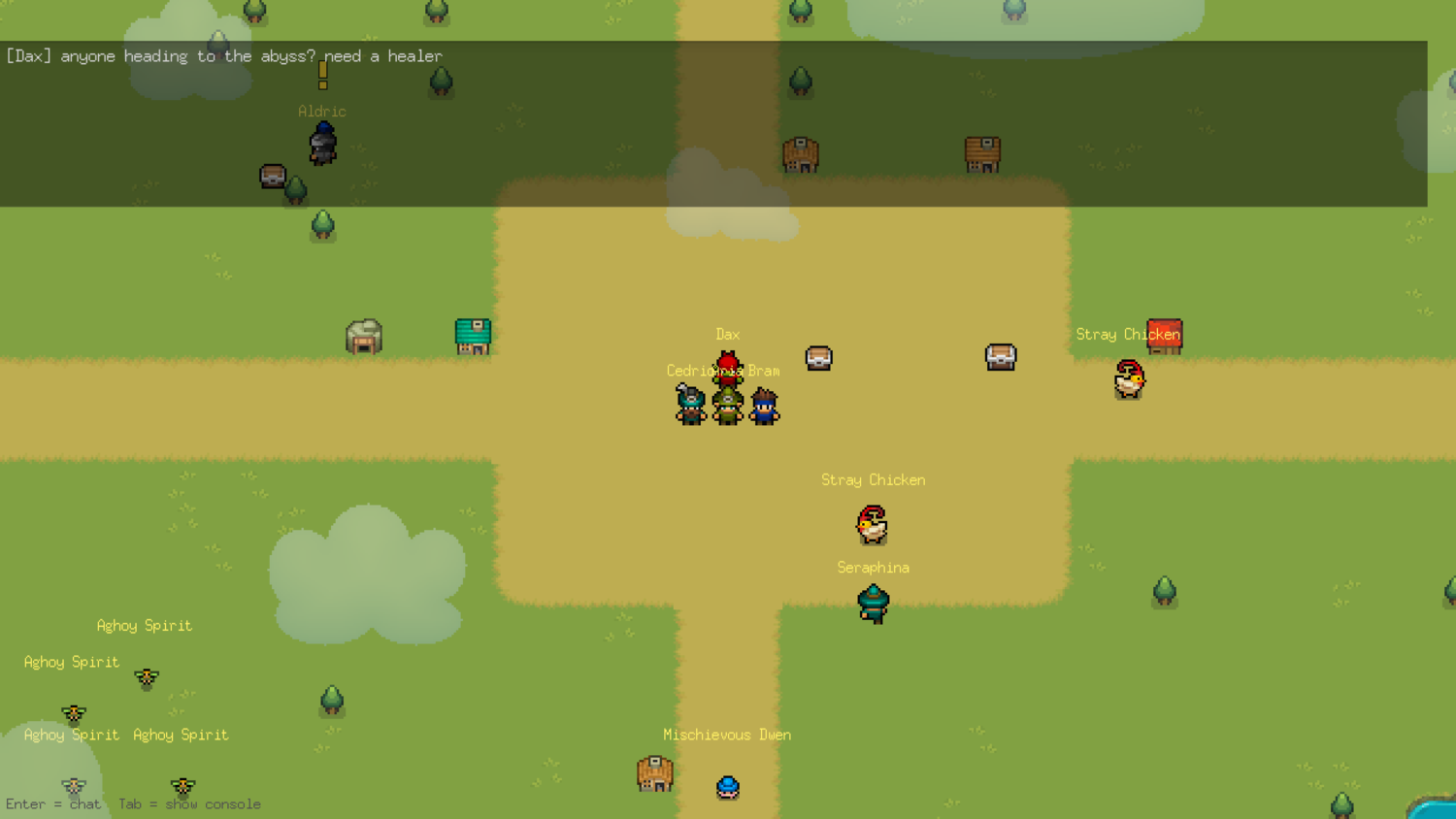 Four players standing together in a LoreWorld town, chatting in-game