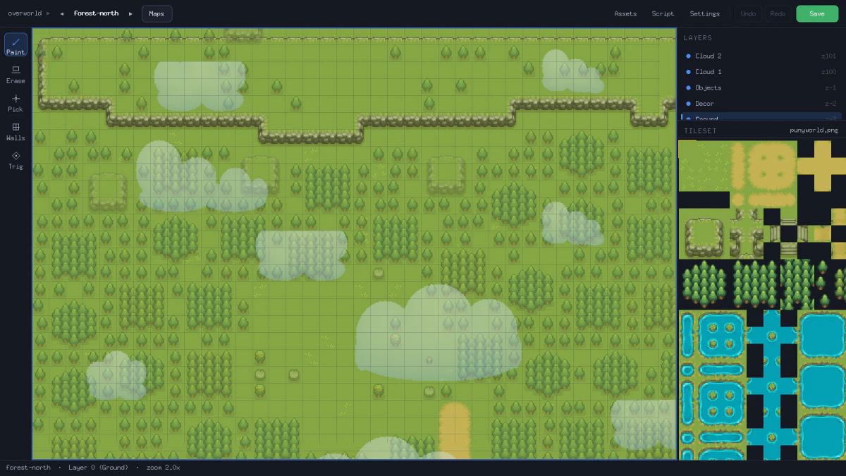 The Verge Online map editor: a tool rail, map canvas, and docked Layers and Tileset panels